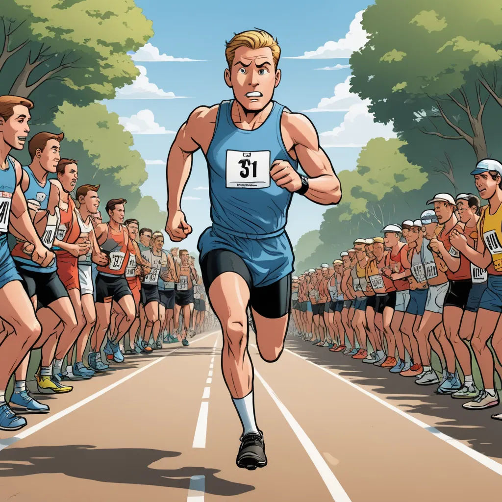 a man running in a race with a crowd of people behind him watching him run down the road in a cartoon, fantastic realism, a comic book panel, Asaf Hanuka, furaffinity