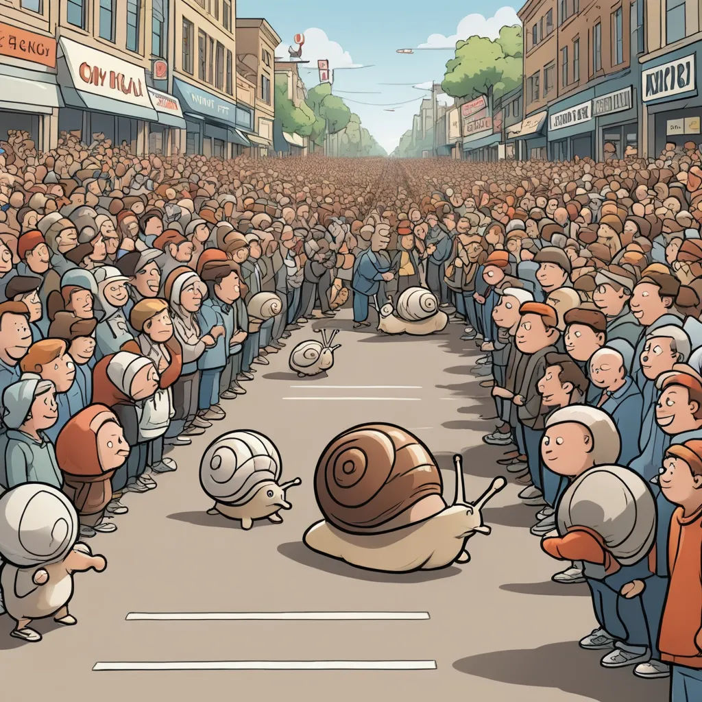a crowd of people standing around a giant snail on a street corner with a crowd of people watching it, fantastic realism, a storybook illustration, Chris LaBrooy, detailed illustration