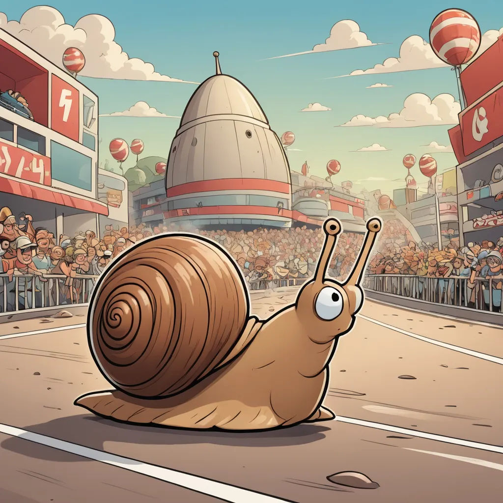 a snail is sitting on the ground in front of a crowd of people in a stadium with a giant crowd of people behind it, sots art, a storybook illustration, Chris LaBrooy, 2 d game art