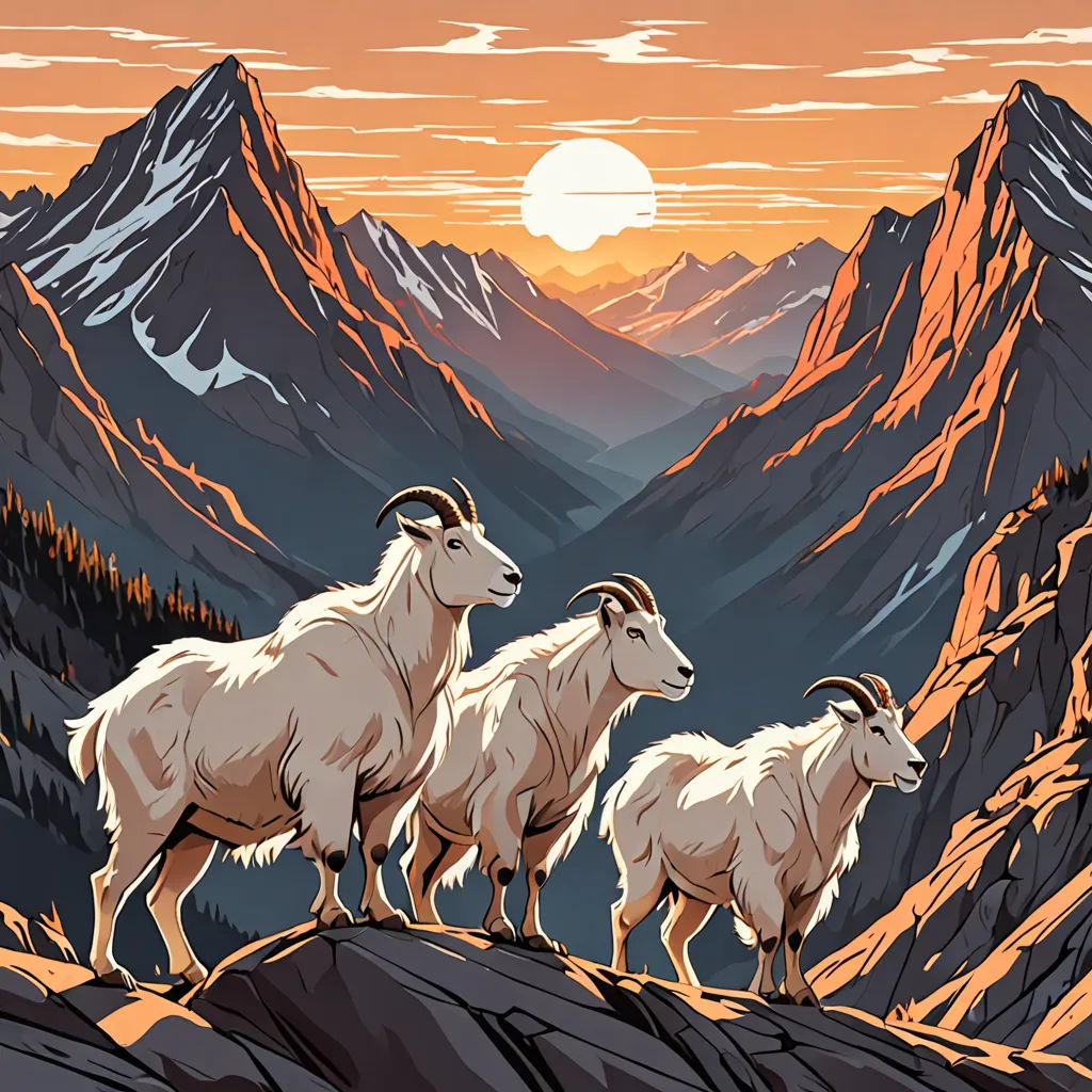 a painting of three mountain goats on a rocky mountaintop at sunset with a mountain range in the background, environmental art, poster art, Dan Mumford, josan gonzales and dan mumford