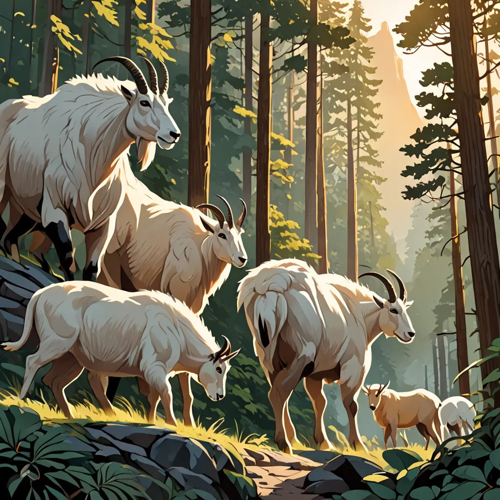 a painting of a herd of mountain goats in a forest with rocks and trees in the background, with a mountain in the background, environmental art, a poster, Chris LaBrooy, leesha hannigan