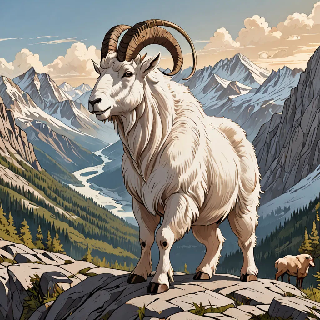 a mountain goat standing on a rock with mountains in the background and clouds in the sky above it,, environmental art, an ultrafine detailed painting, Dan Mumford, josan gonzales and dan mumford