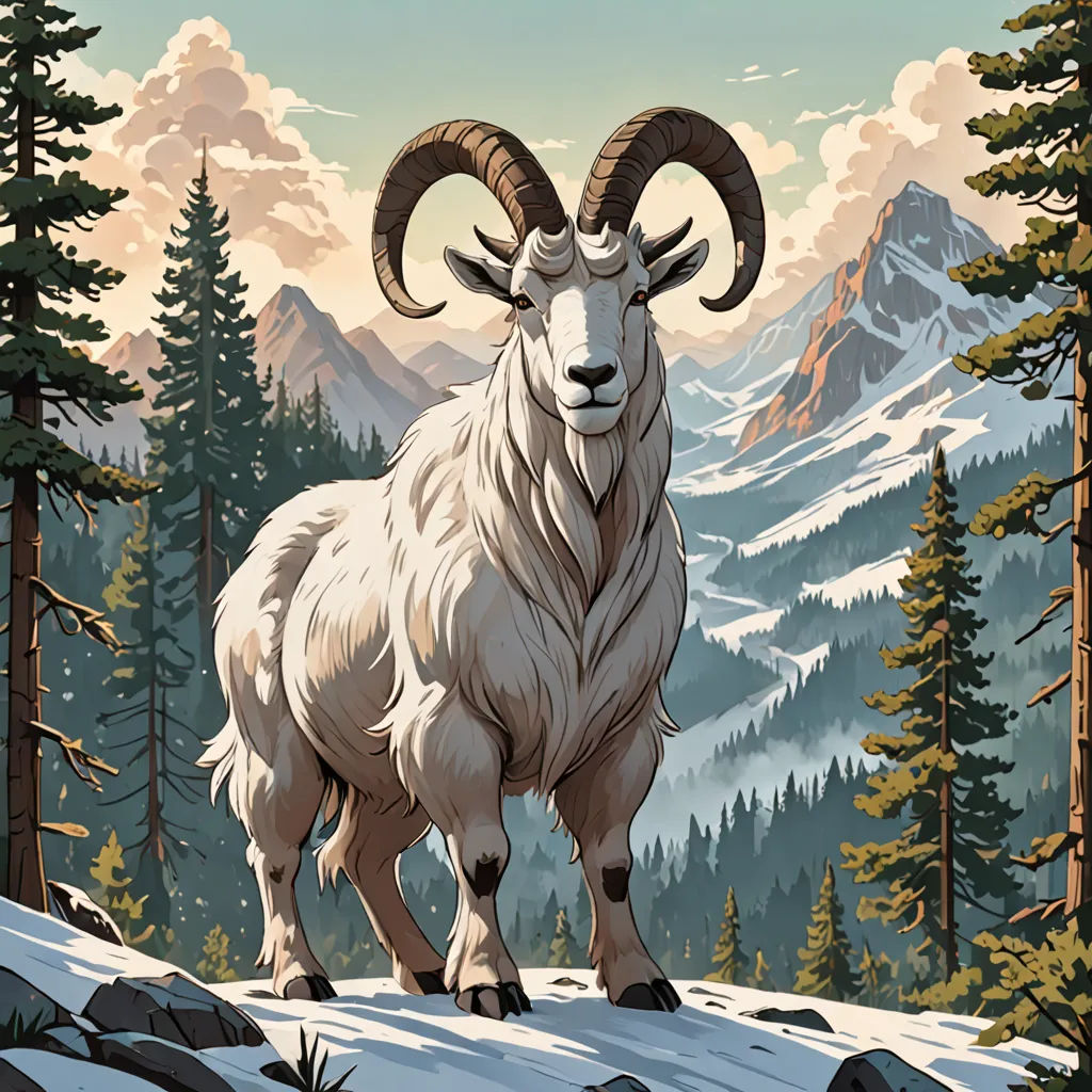 a mountain goat standing on a snowy hill with mountains in the background and clouds in the sky above it, environmental art, an ultrafine detailed painting, Dan Mumford, josan gonzales and dan mumford