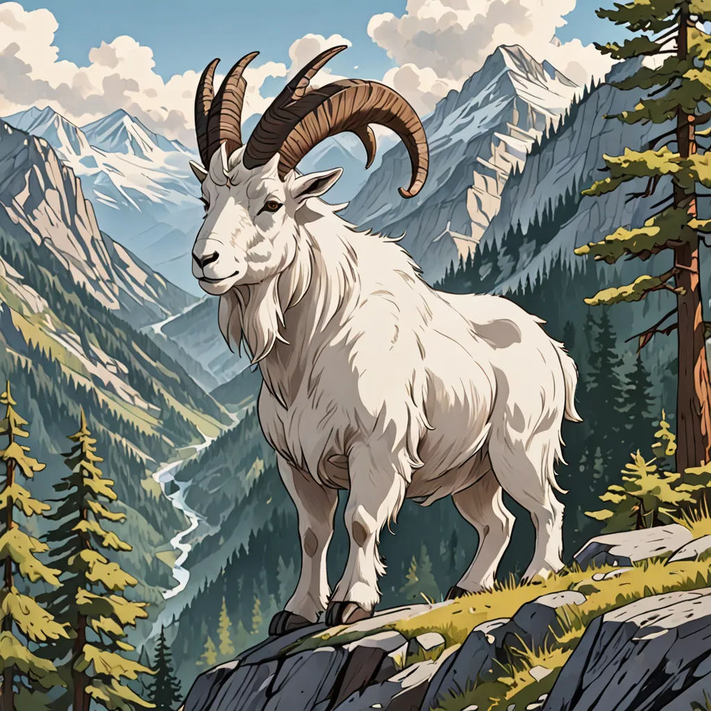 a mountain goat standing on a rocky cliff with a mountain range in the background and clouds in the sky, furry art, an ultrafine detailed painting, Chris LaBrooy, josan gonzales and dan mumford