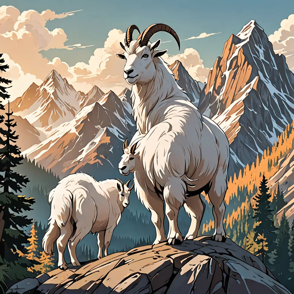 a mountain scene with two mountain goats on a rock and a forest below it, with a cloudy sky, furry art, a poster, Chris LaBrooy, josan gonzales and dan mumford