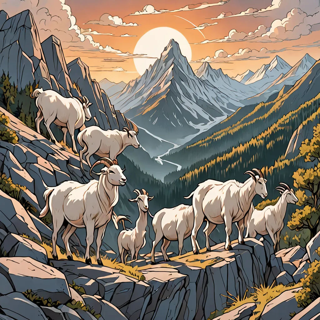 a painting of a mountain scene with a herd of sheep on a rocky hillside with a mountain range in the background, fantasy art, an ultrafine detailed painting, Dan Mumford, josan gonzales and dan mumford