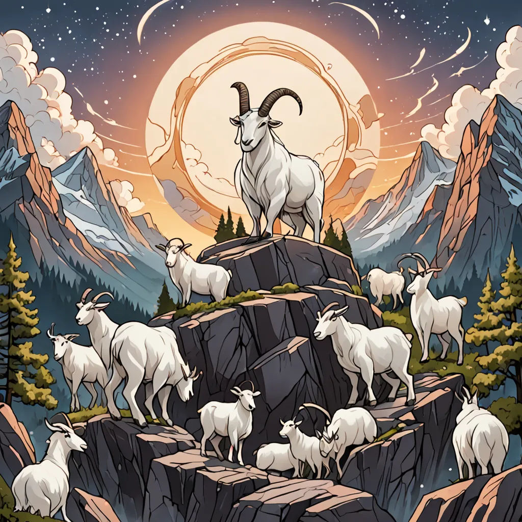 a mountain goat standing on top of a mountain with a flock of goats below it and a full moon in the sky, aestheticism, poster art, Dan Mumford, josan gonzales and dan mumford