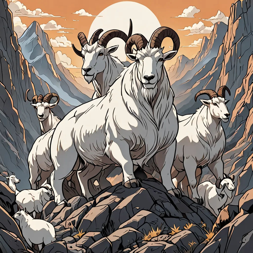 a group of rams standing on top of a mountain together with mountains in the background and a sun setting, aestheticism, a poster, Dan Mumford, josan gonzales and dan mumford