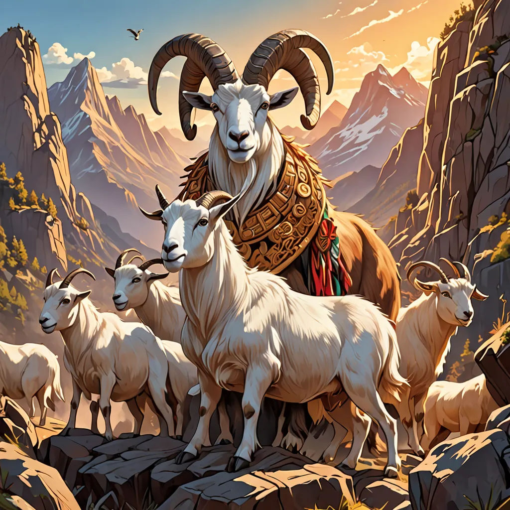 a painting of a ram with his herd of sheep in the mountains at sunset or sunrise time, with a mountain backdrop, fantasy art, poster art, Christophe Vacher, highly detailed digital painting