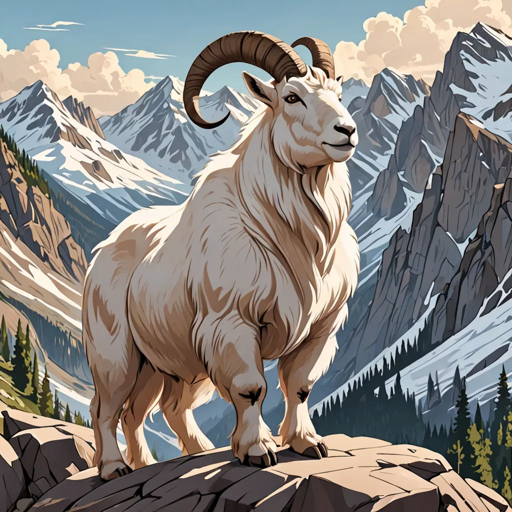 a mountain goat standing on a rock in front of a mountain range with snow capped mountains in the background, furry art, an ultrafine detailed painting, Dan Mumford, josan gonzales and dan mumford