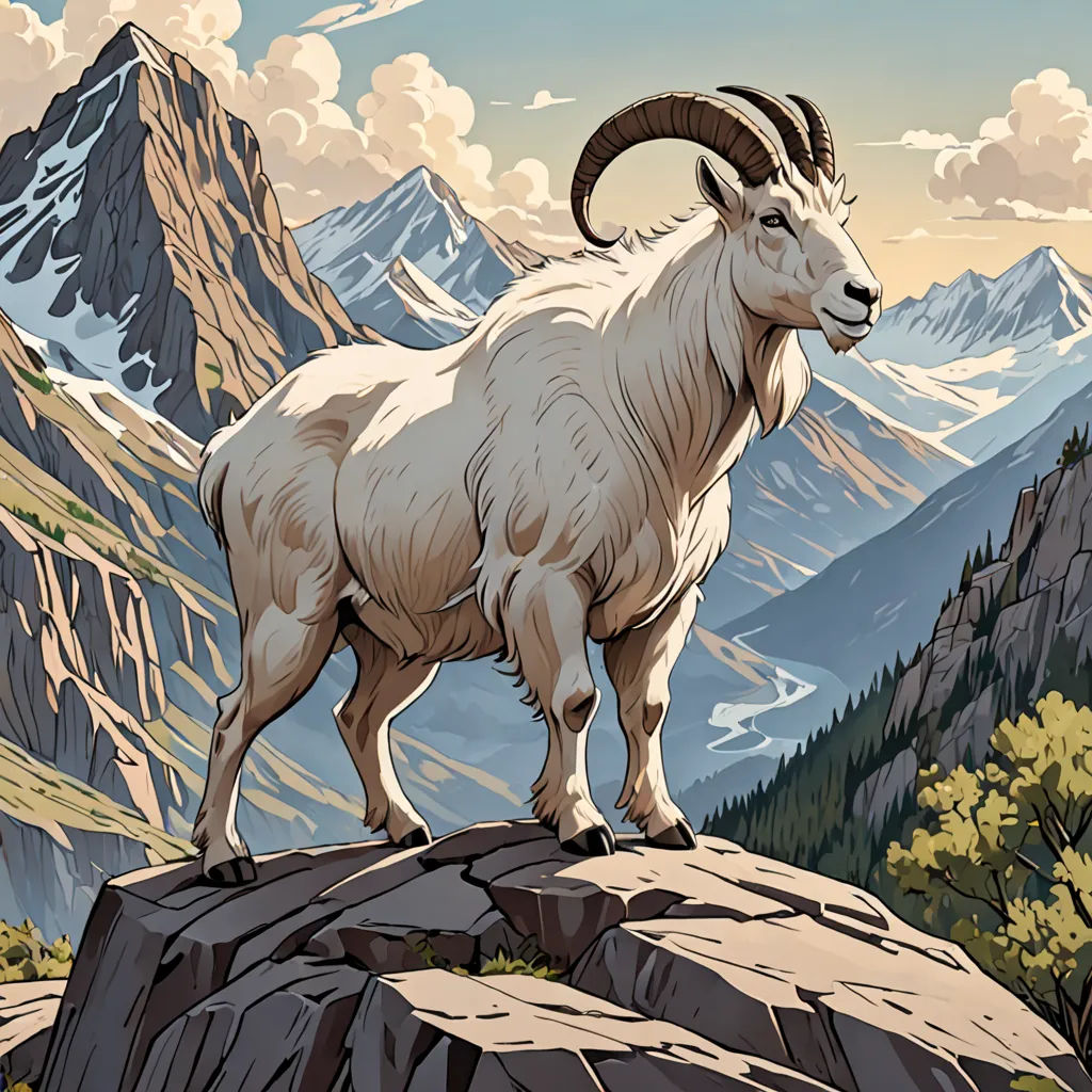 a mountain goat standing on a rock in the mountains with a mountain range in the background and clouds in the sky, furry art, a poster, Chris LaBrooy, josan gonzales and dan mumford