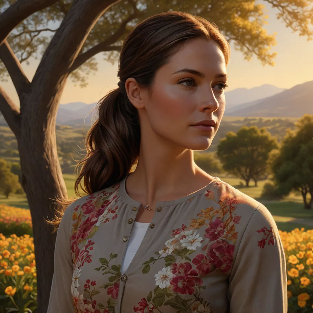 a painting of a woman standing in a field of flowers with a tree in the background and mountains in the distance, photorealism, a photorealistic painting, Brad Kunkle, ultra realistic digital art