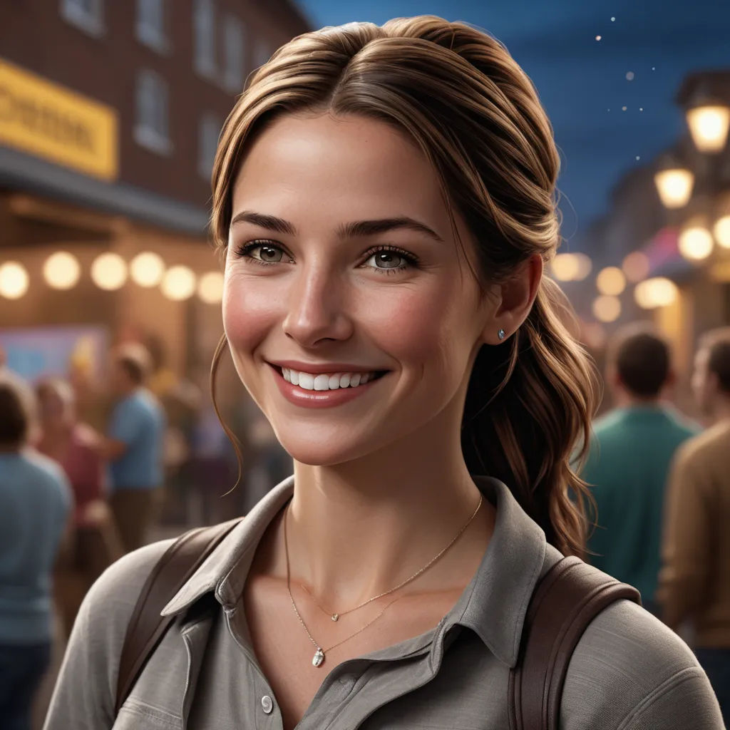 a woman smiling in a crowded city street at night with a street light in the background and a crowd of people, photorealism, a photorealistic painting, Constance Gordon-Cumming, professional digital painting