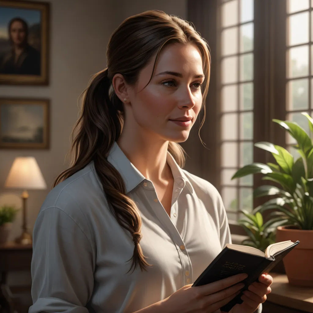 a woman reading a book in a room with a potted plant in the background and a window behind her, photorealism, a photorealistic painting, Constance Gordon-Cumming, unreal engine highly rendered