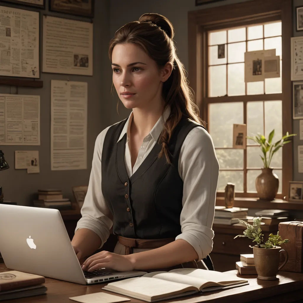 a woman sitting at a desk with a laptop computer in front of her, with papers on the wall behind her, academic art, a computer rendering, Beatrice Huntington, promotional image