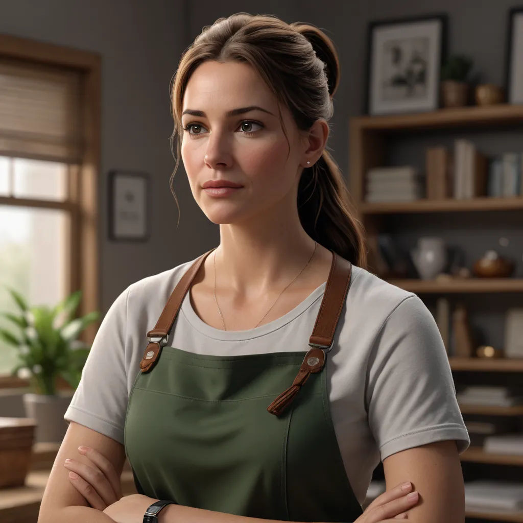 a woman with a green apron and a watch on her wrist is standing in a room with a window, photorealism, a computer rendering, Ada Hill Walker, ultra realistic digital art