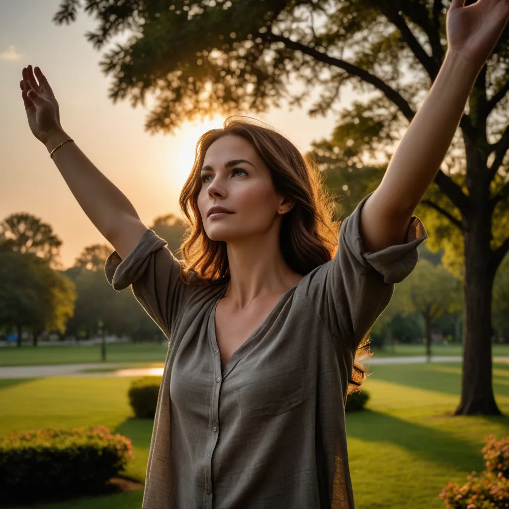 a woman is standing in a park with her arms up in the air and her hands raised up in the air, kitsch movement, a stock photo, Eric Zener, anamorphic lens flare