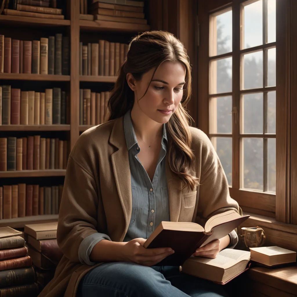 a woman sitting on a window sill reading a book in a library with a window behind her and a bookcase full of books, art & language, a storybook illustration, Anna Findlay, leesha hannigan