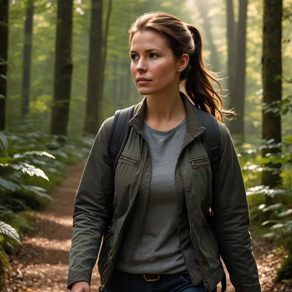 a woman walking down a trail in the woods with a backpack on her back and a backpack on her shoulder, naturalism, a character portrait, Claire Falkenstein, promotional image