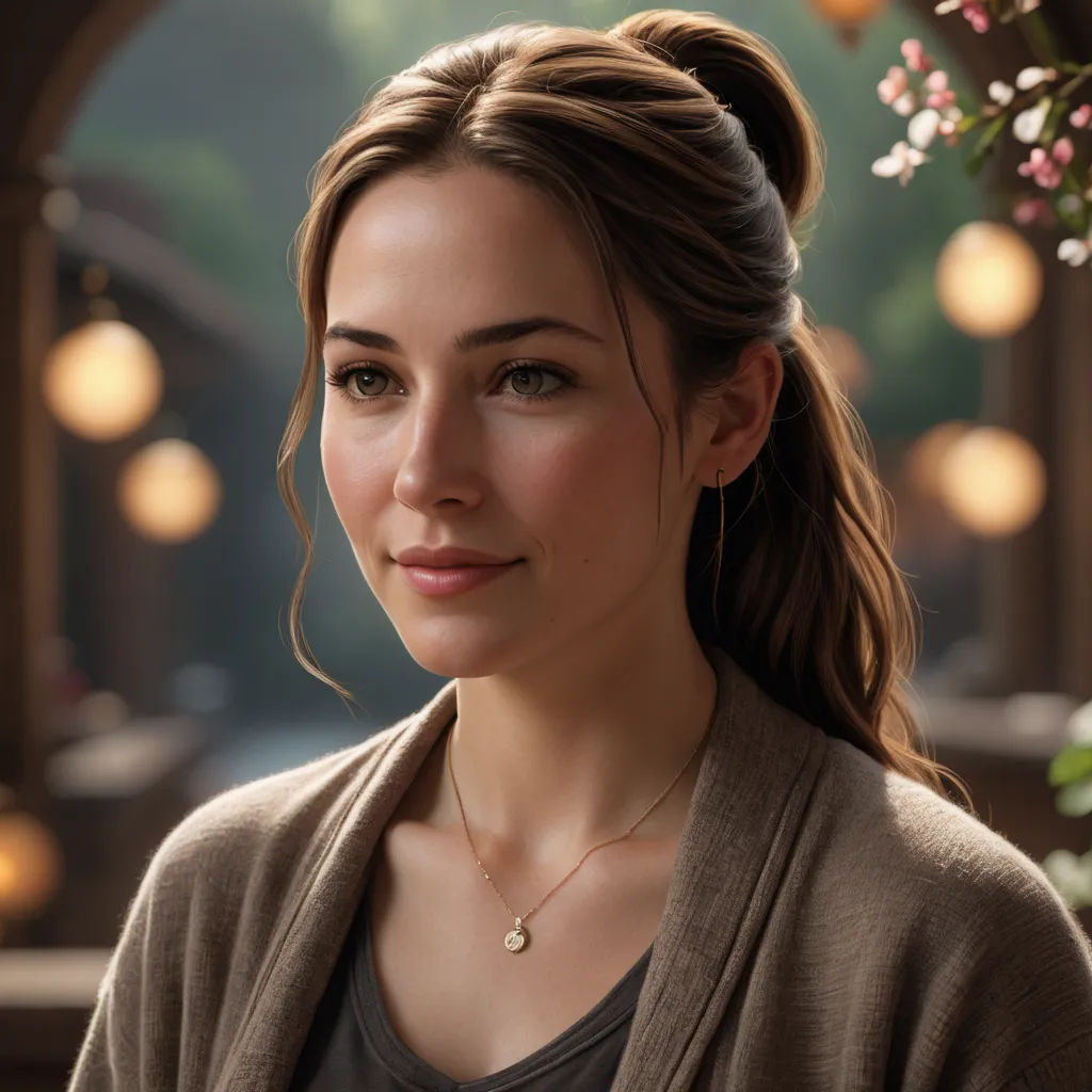 a woman with a ponytail and a sweater on is looking at the camera and smiling at the camera with a flower in the background, photorealism, a photorealistic painting, Clint Cearley, ultra realistic digital art