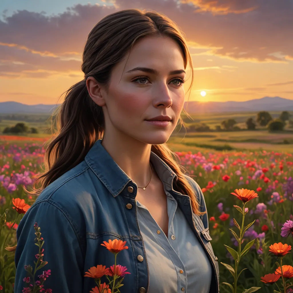 a woman standing in a field of flowers at sunset with the sun setting behind her and a field of flowers in the foreground, photorealism, a photorealistic painting, Dave Melvin, 8k artistic photography