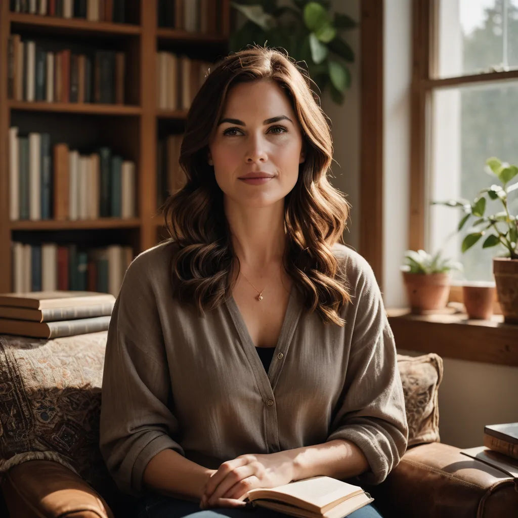 a woman sitting on a couch in front of a book shelf with a book in her lap and a book in her lap, private press, a character portrait, Elinor Proby Adams, leesha hannigan