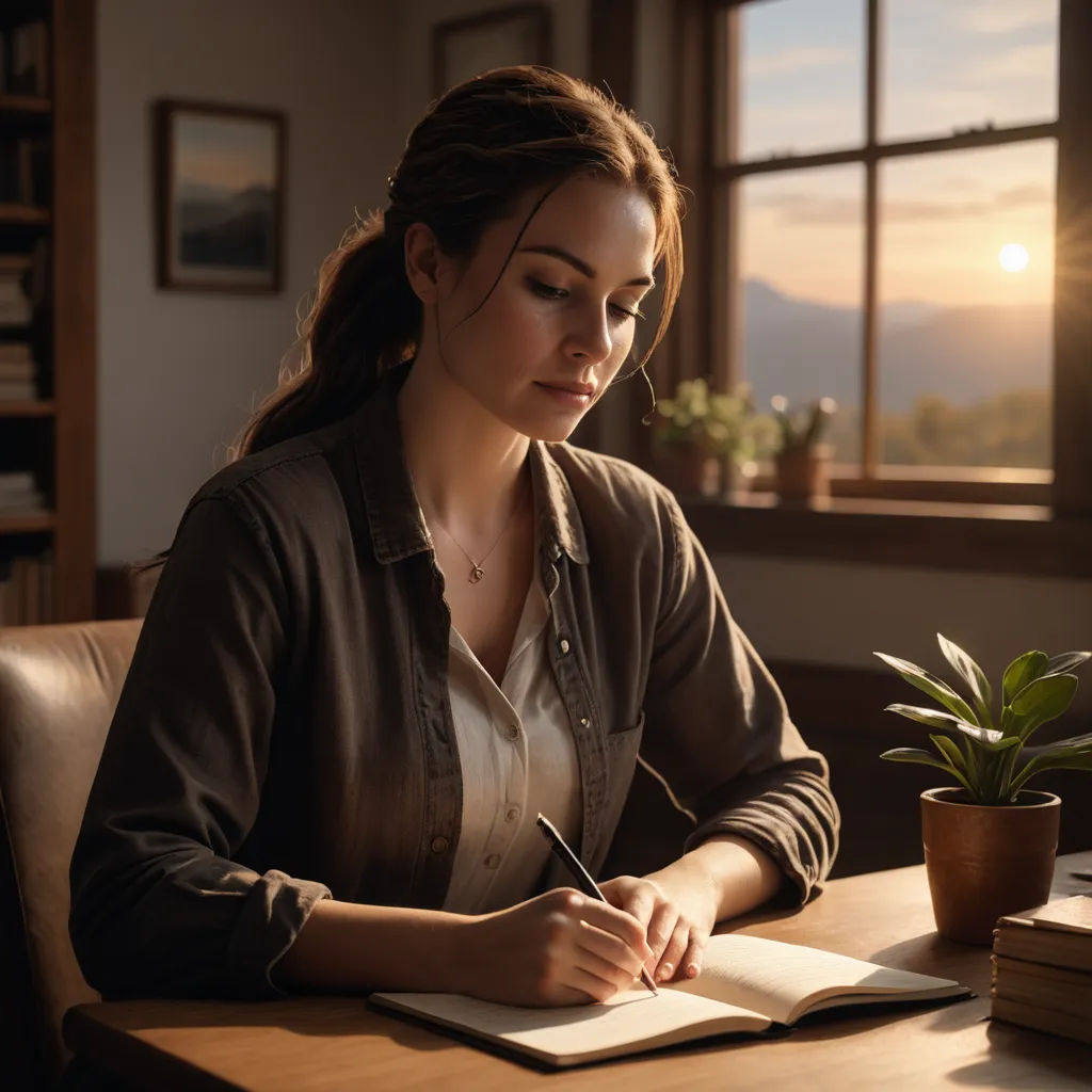 a woman sitting at a desk writing on a notebook with a plant in front of her and a window, academic art, a stock photo, Evgeny Lushpin, anamorphic lens flare