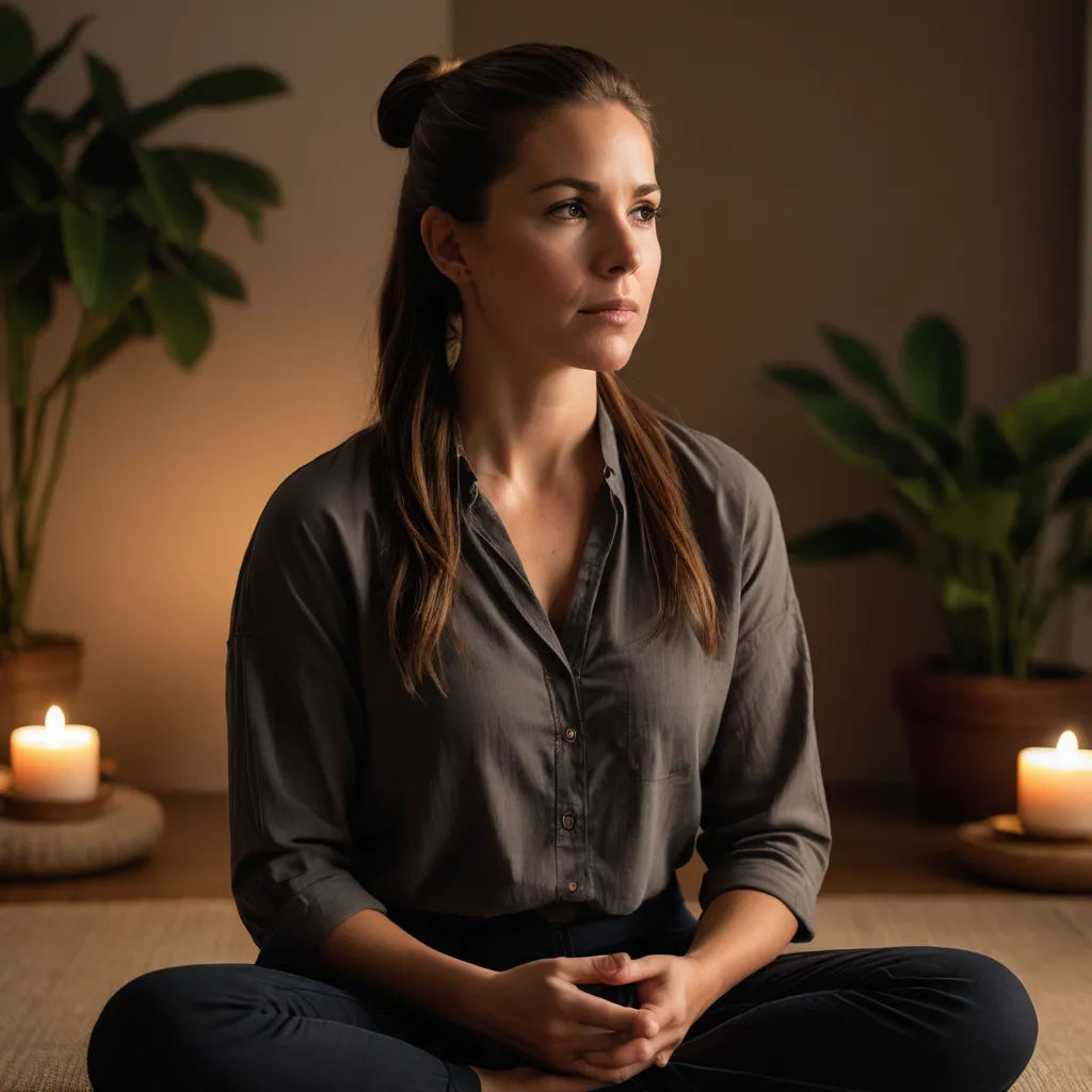 a woman sitting in a yoga position with candles around her and a plant in the background on a mat, light and space, a stock photo, Alex Grey, centered