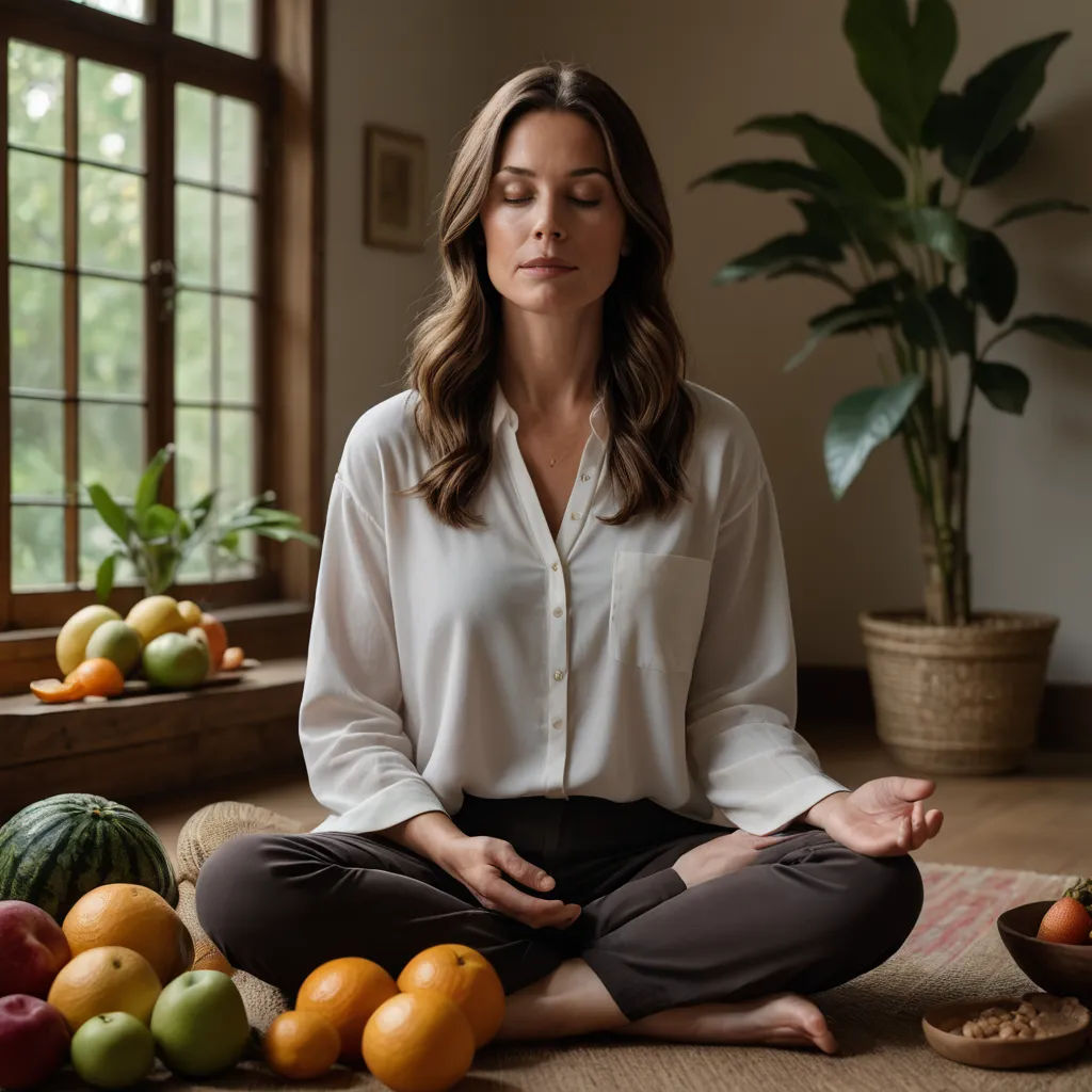 a woman sitting in a lotus position surrounded by fruits and vegetables, with her eyes closed, in front of a window, postminimalism, a stock photo, Alex Grey, centered