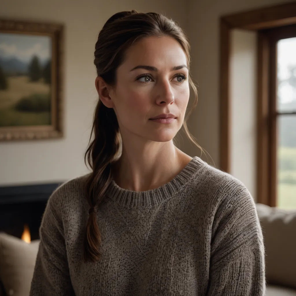 a woman with a ponytail standing in a living room with a fireplace in the background and a painting on the wall, arts and crafts movement, a cross stitch, Christian Hilfgott Brand, leesha hannigan