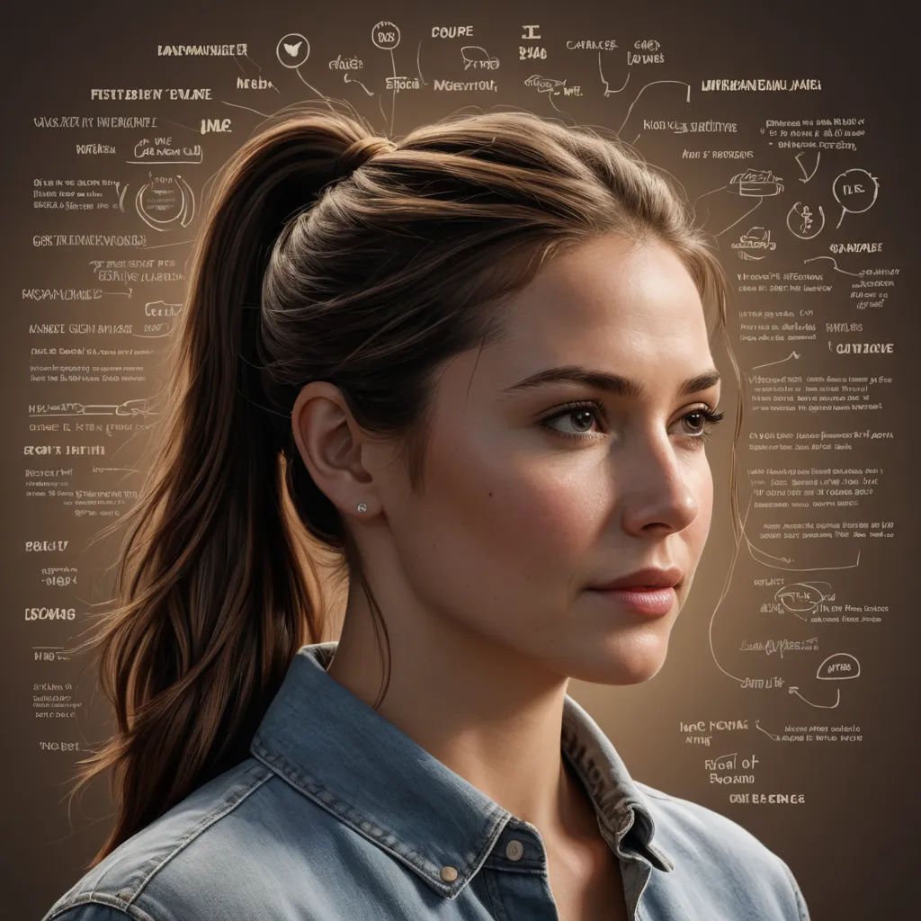 a woman with a ponytail and a denim shirt on is looking at a diagram of her hair and features, photorealism, a photorealistic painting, Artgerm, highly detailed digital painting