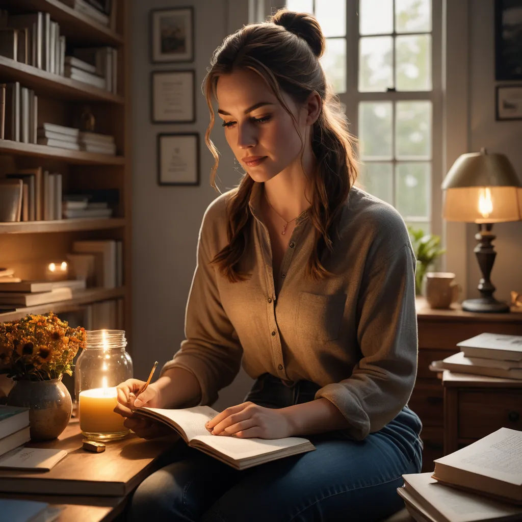 a woman sitting at a desk with a book and a candle in her hand and a jar of flowers, academic art, a stock photo, Elinor Proby Adams, diffuse lighting