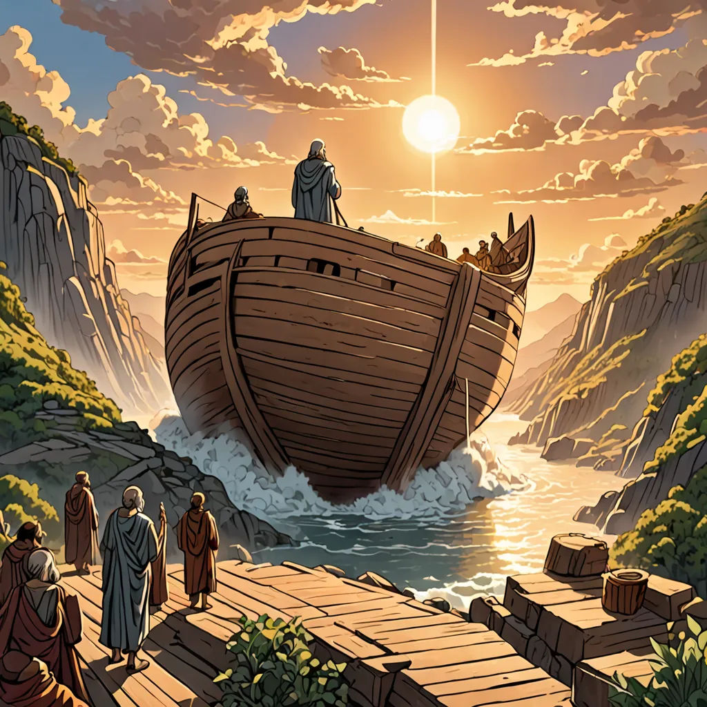 a painting of a boat in the water with people standing on it and a man standing on the boat, fantasy art, a detailed matte painting, Christophe Vacher, highly detailed digital painting