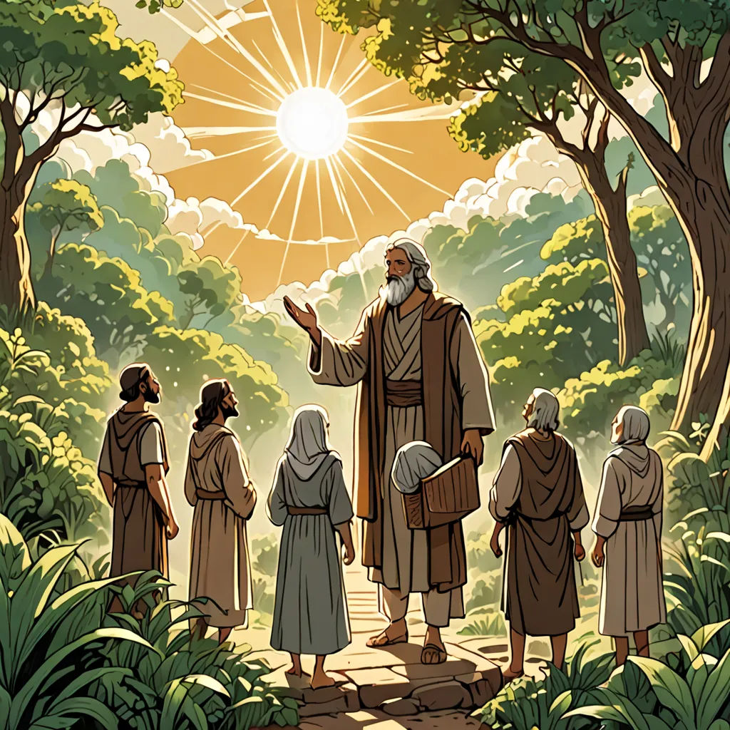 a group of people standing in a forest with a sun shining above them and trees and bushes around them, incoherents, a storybook illustration, Asaf Hanuka, sun