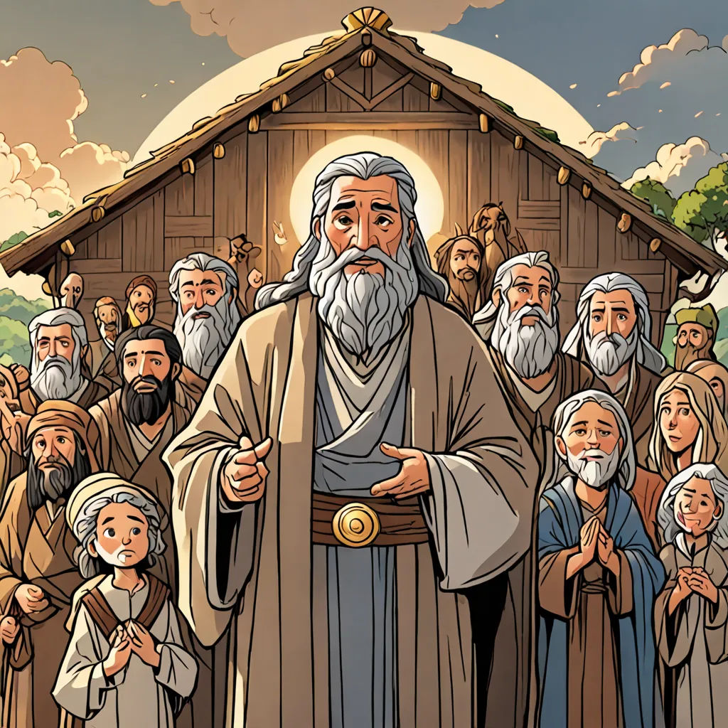 a cartoon of a man with a beard and a lot of people around him, standing in front of a small building, incoherents, a storybook illustration, Asaf Hanuka, rossdraws global illumination