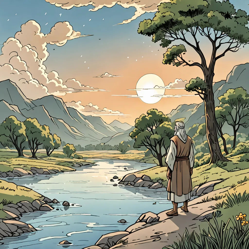 a man standing on a river bank looking at a mountain range with a river running through it and a sun setting in the distance, fantasy art, a comic book panel, David Paton, comic cover art