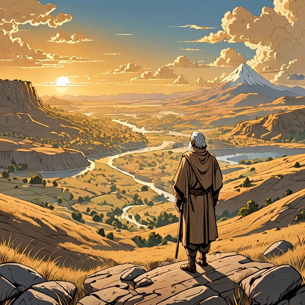 a man standing on top of a hill looking at a valley and mountains in the distance with a sunset, fantasy art, a comic book panel, Asaf Hanuka, comic cover art