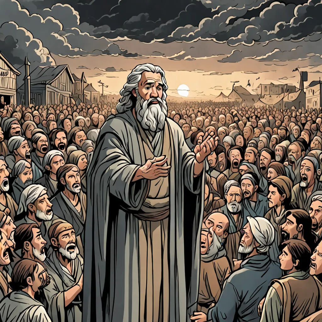 a painting of a man with a beard and a beard standing in front of a crowd of people with his hands up, excessivism, a comic book panel, Asaf Hanuka, graphic novel