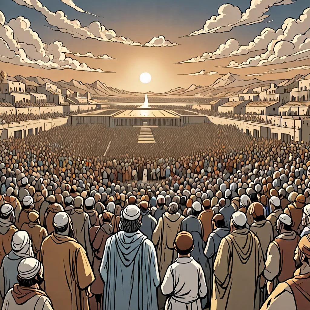 a painting of a crowd of people in a large building with a sun setting in the background and a sky with clouds, hurufiyya, a comic book panel, Asaf Hanuka, graphic novel