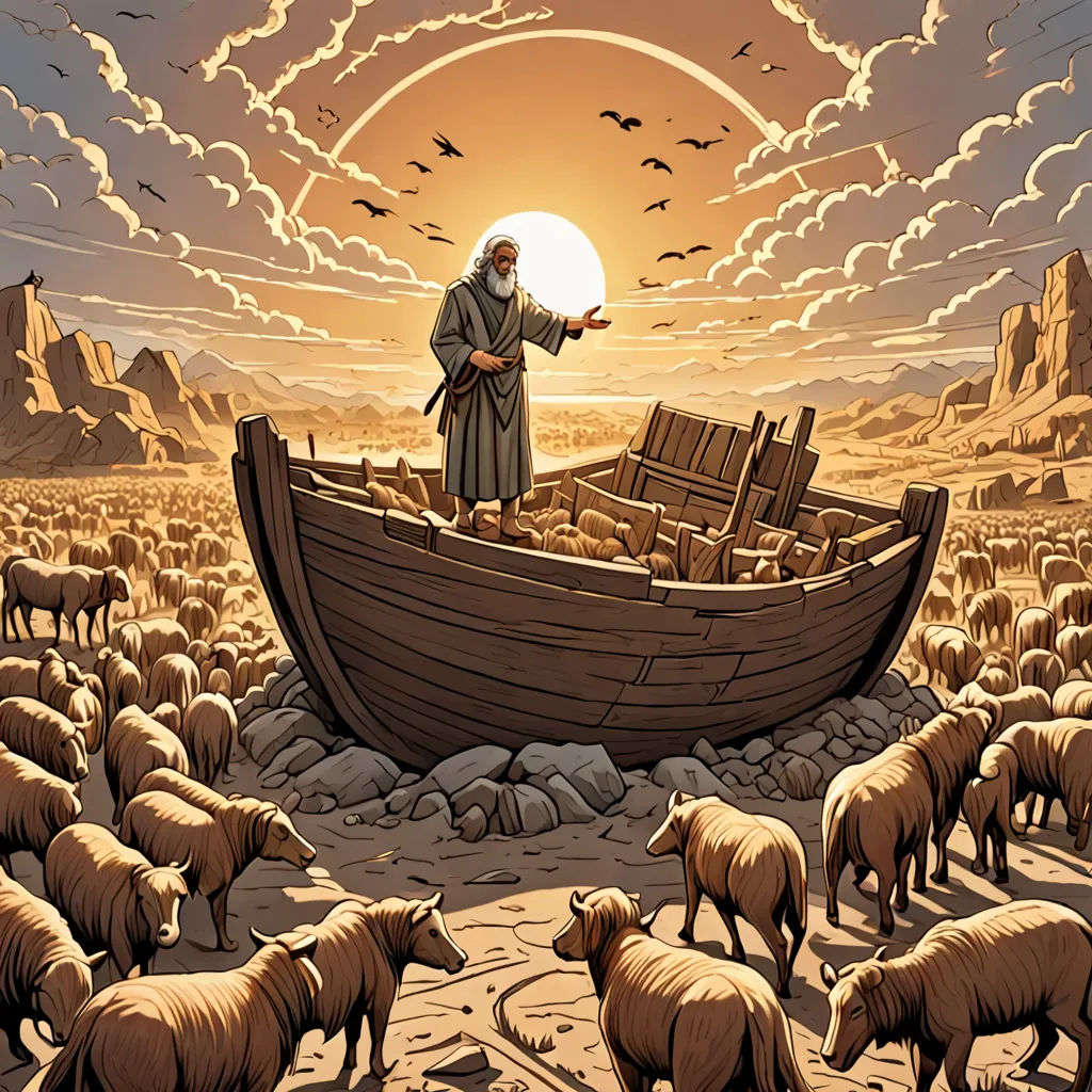 a man standing on a boat in a large group of sheep in a desert area with a sunset in the background, naturalism, a storybook illustration, Dan Mumford, comic cover art