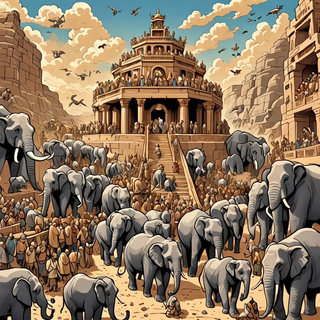 a painting of a large group of elephants in front of a building with a staircase leading to it and a crowd of people standing around, naturalism, a storybook illustration, Chris LaBrooy, highly detailed digital art