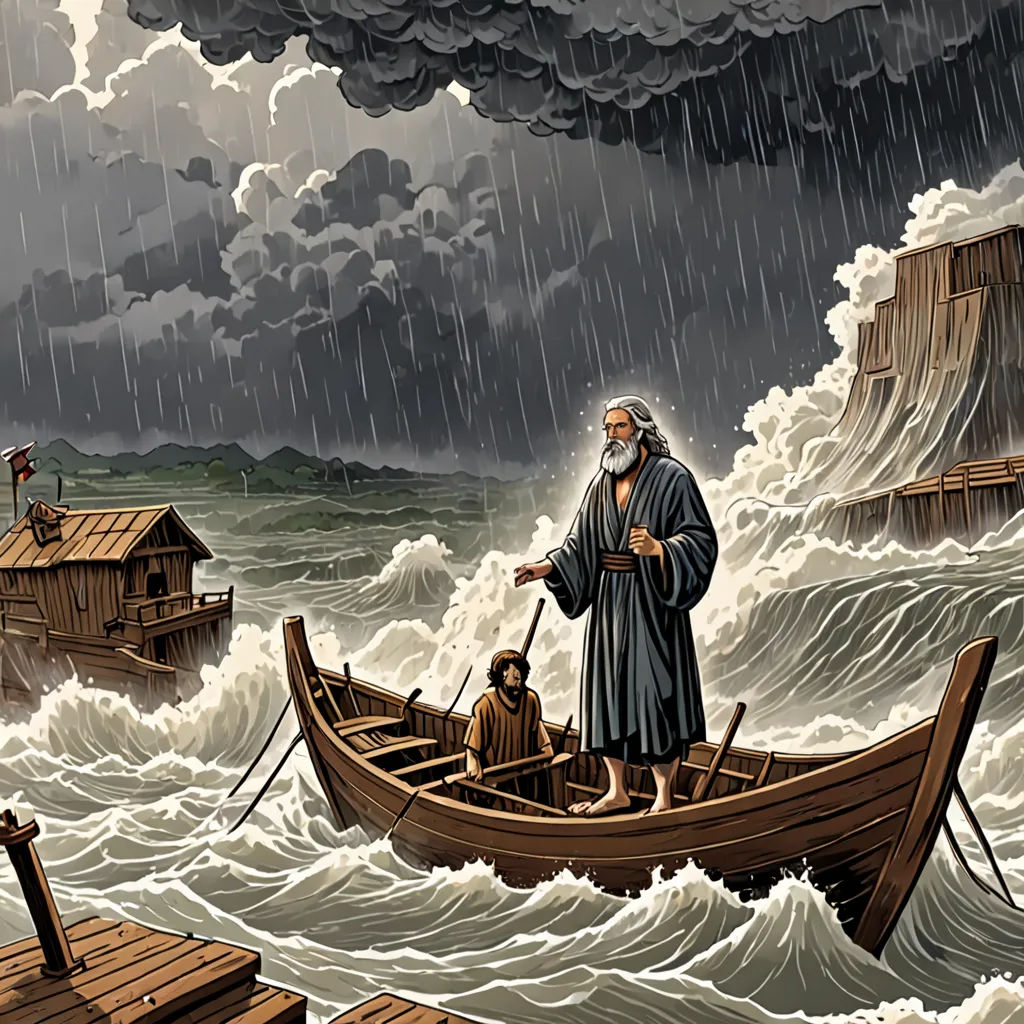 a man standing on a boat in a storm filled ocean with a storm cloud in the background and a man in a boat in the foreground, gothic art, a detailed matte painting, F Scott Hess, highly detailed digital painting