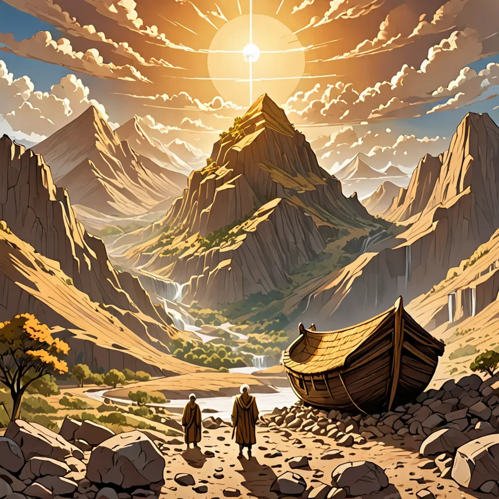 a painting of a man and a woman walking towards a boat on a rocky shore with mountains in the background, fantasy art, a detailed matte painting, Christophe Vacher, highly detailed digital painting