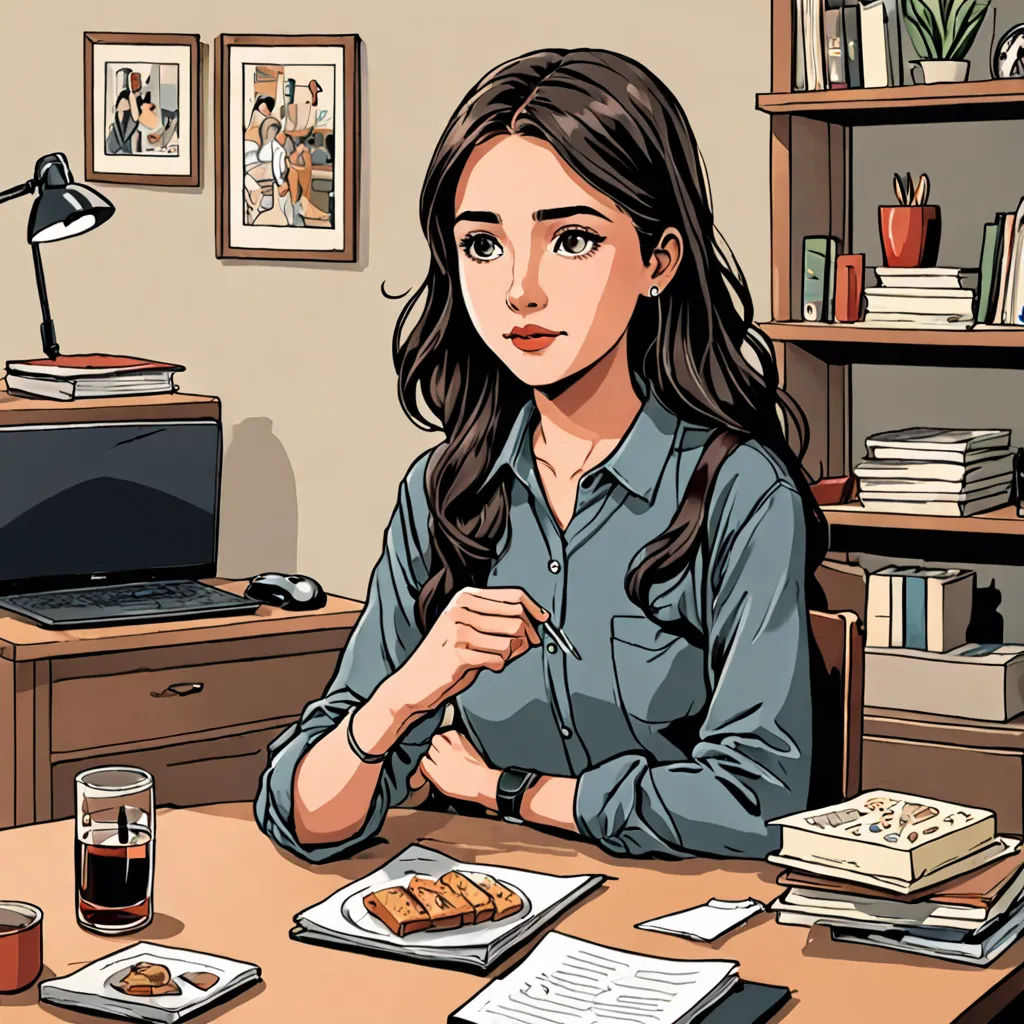 a woman sitting at a desk with a plate of food and a drink in front of her, in a cartoon style, academic art, a comic book panel, Choi Buk, high detail illustration