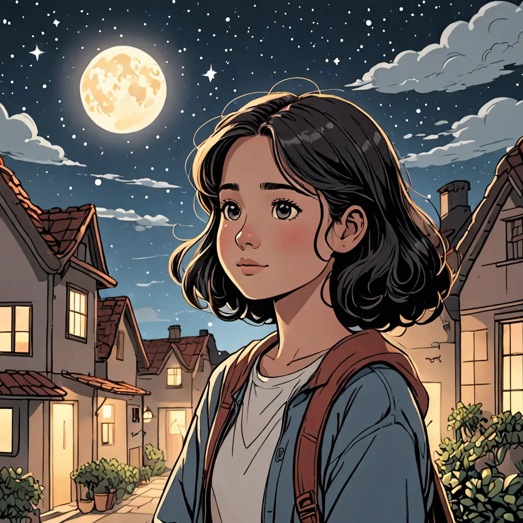 a woman standing in front of a full moon in a neighborhood at night with a full moon in the sky, space art, a comic book panel, Atey Ghailan, comic cover art