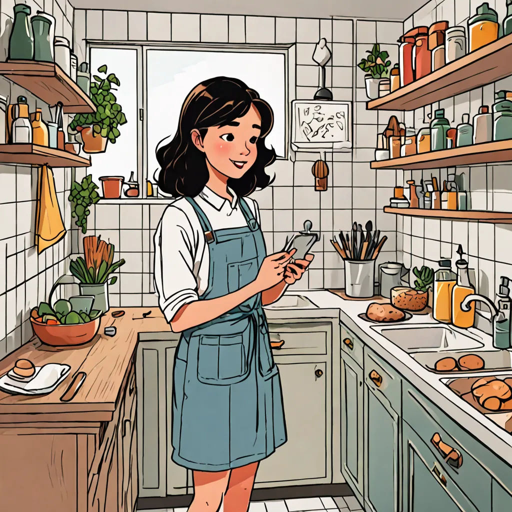 a woman in a kitchen with a phone in her hand and a potted plant in the background,, private press, a comic book panel, Asaf Hanuka, comic cover art