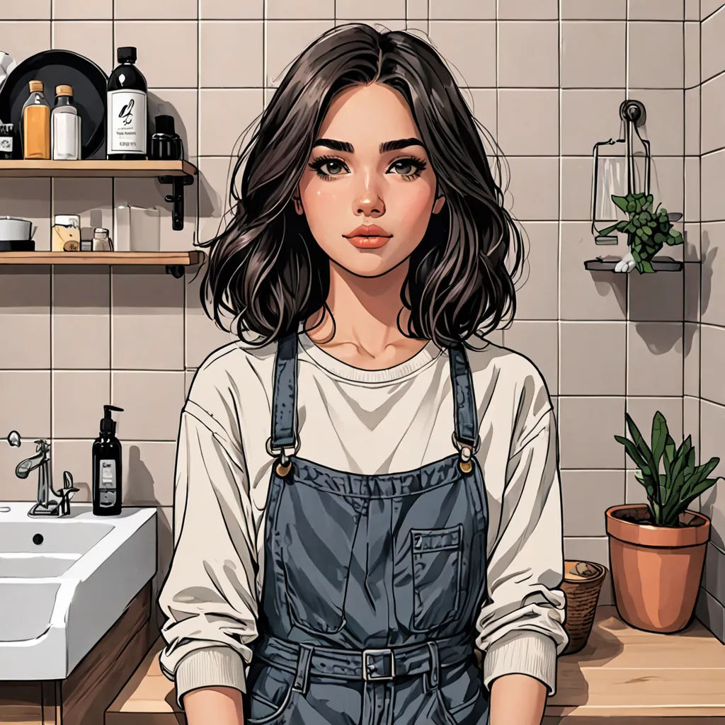 a woman in a kitchen with a sink and a counter top with a potted plant on it and a sink, photorealism, a detailed painting, Artgerm, detailed art