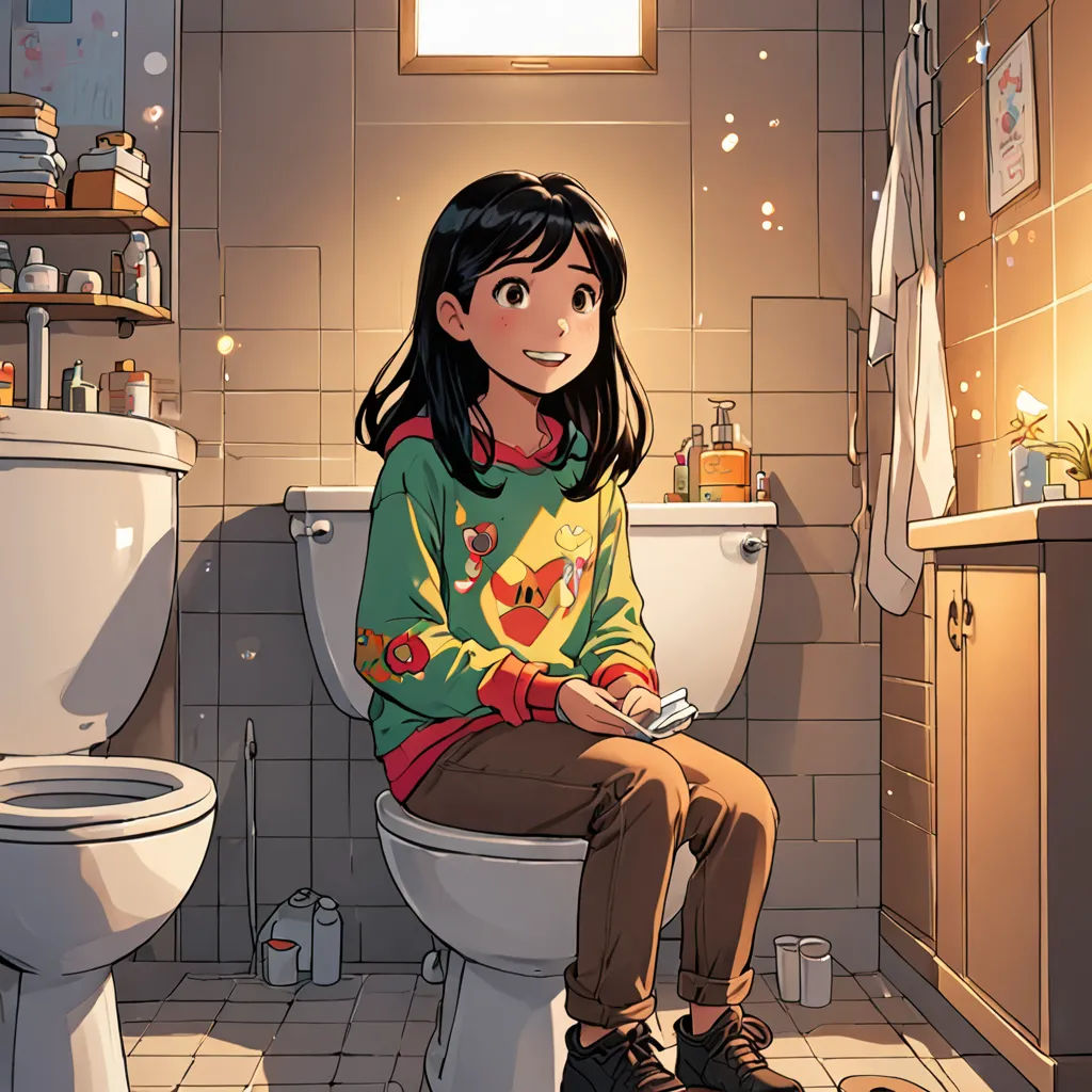 a girl sitting on a toilet in a bathroom with a cat on the floor and a toilet bowl in front of her, light and space, a comic book panel, Asaf Hanuka, comic cover art