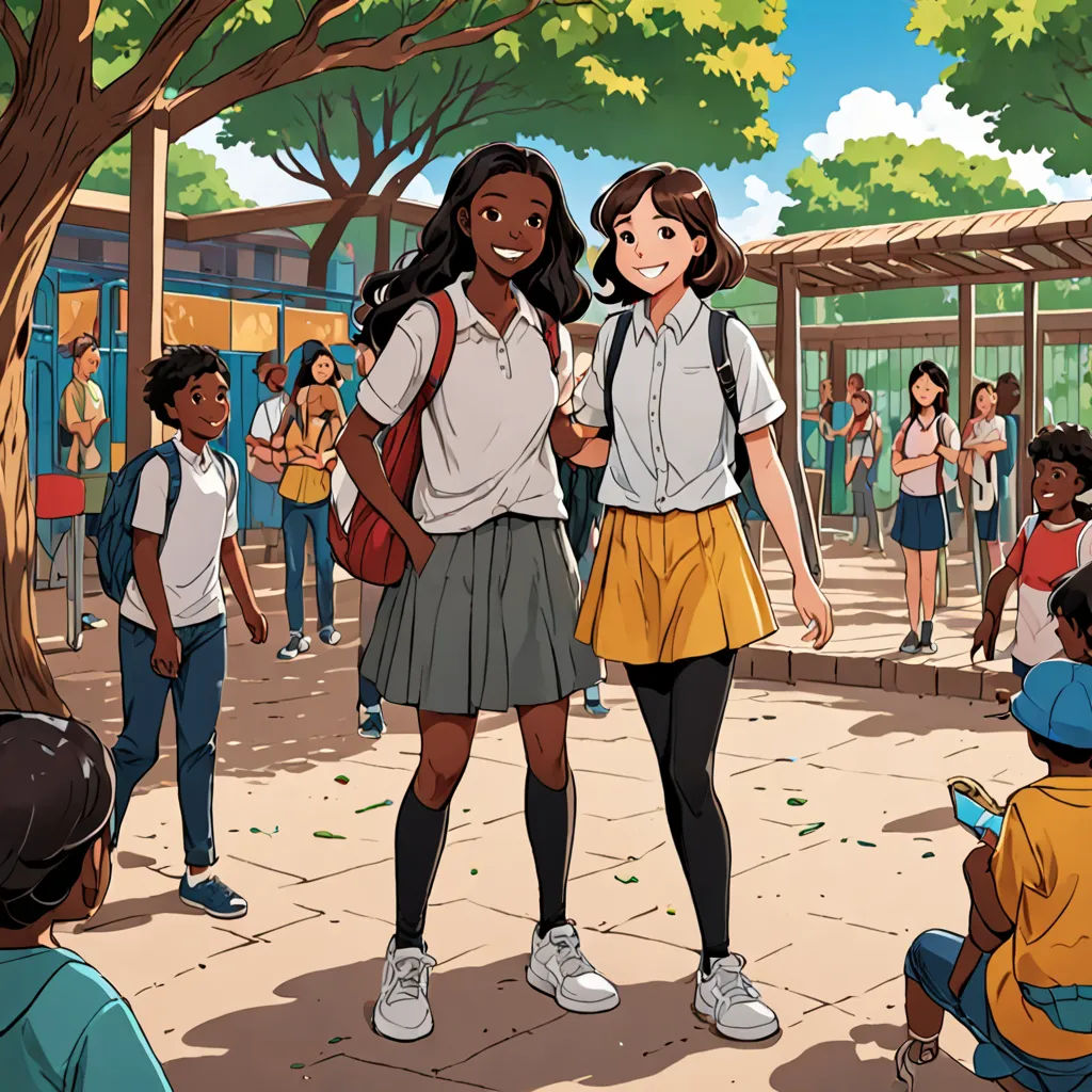 a group of people standing around a park with trees and benches in the background and a woman in a school uniform, paris school, a comic book panel, Asaf Hanuka, color page