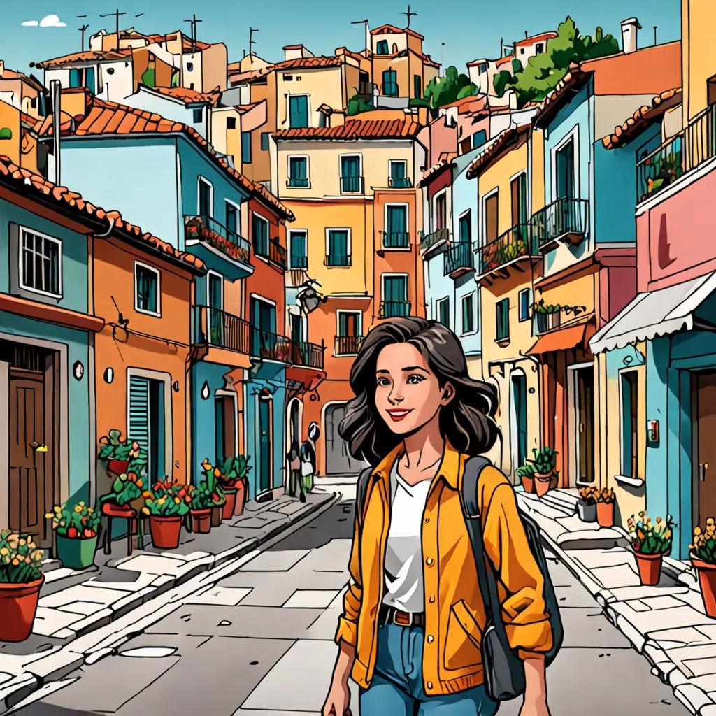 a woman walking down a street in a city with buildings on both sides of her head and a potted plant on the other side of the street, modern european ink painting, a storybook illustration, Diego Gisbert Llorens, city background